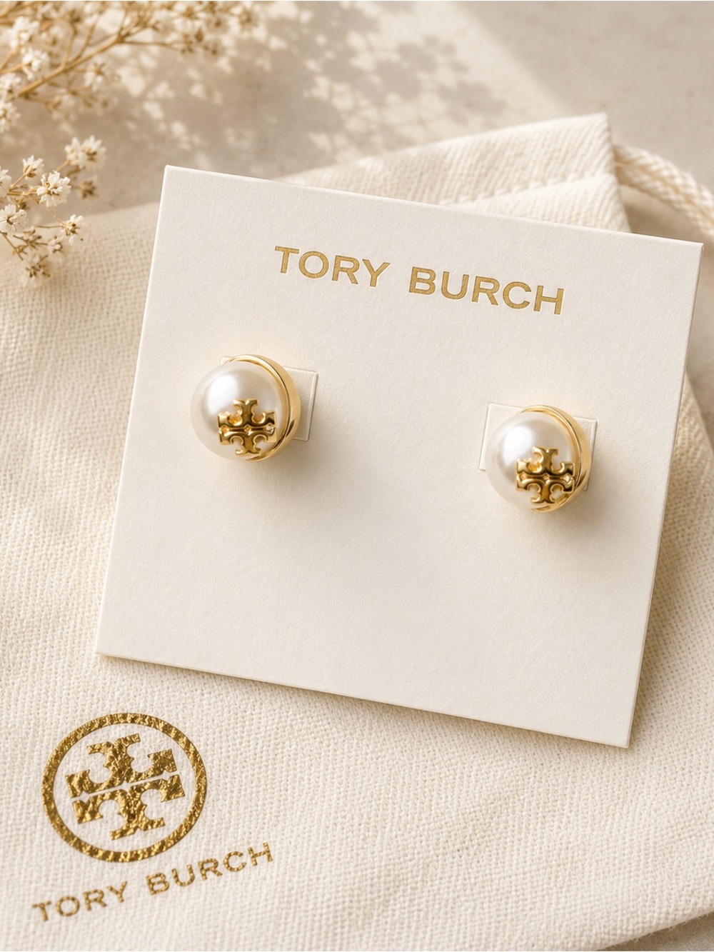 Tory Burch Gold and White Pearl Clip-On Earrings